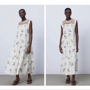 Zara White Embroidered Spanish Tiered Dress - Small